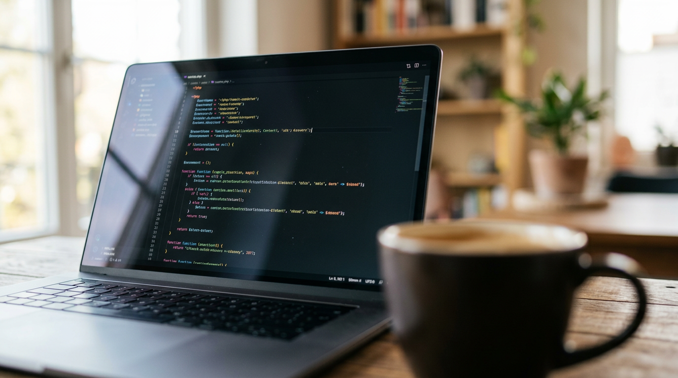PHP code editor on a laptop screen, reviewing code written with vibe coding